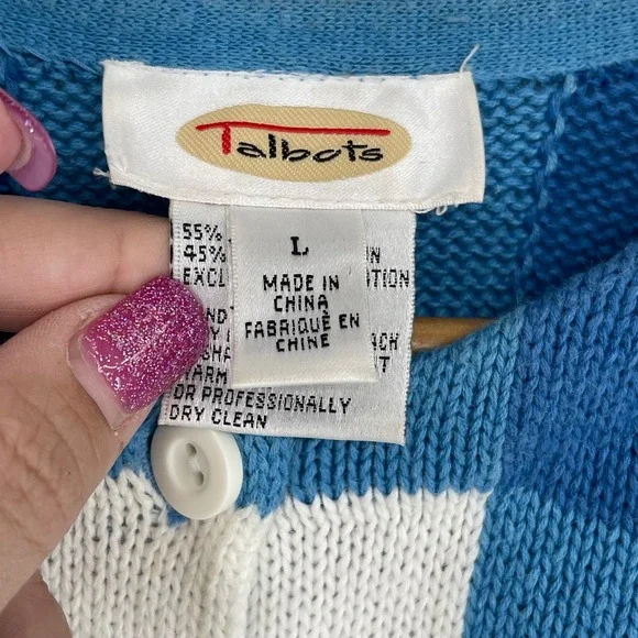 Vintage Talbots Beaded Palm Tree Cardigan Sweater Blue White Gingham Size L